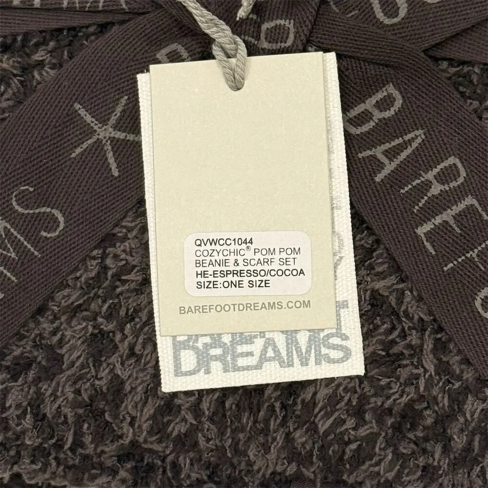 Barefoot Dreams CozyChic Pom Pom Beanie & Scarf Gift Set Espresso Cocoa Soft NWT